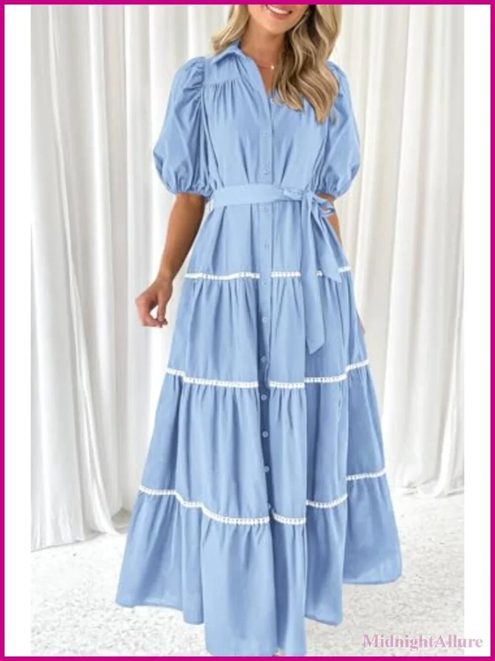 Women's Maxi Shirt Dress Summer Tiered Button Down Puff Sleeve Flowy Fit & Flare